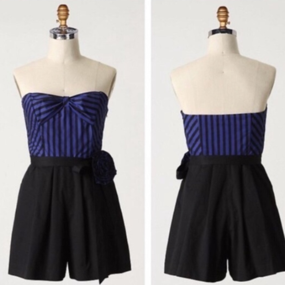 Maeve Anthropologie Choir Girl Black Blue Striped Romper Shorts 0 XS - Picture 2 of 8